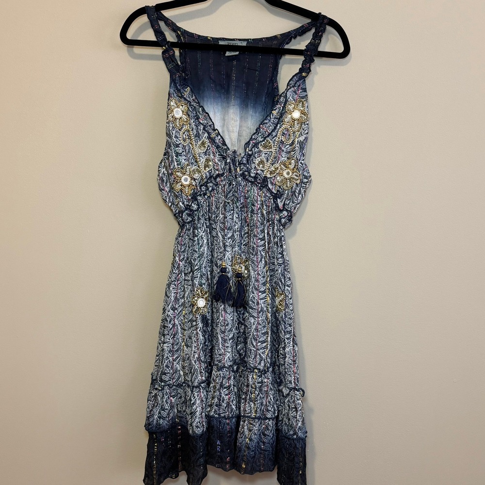 Zury Boho Sequin Floral Mini Dress Blue Metallic Lurex Tiered Free Size